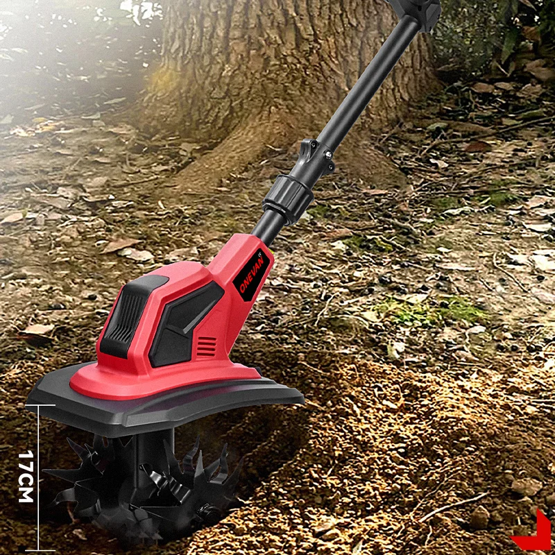 ONEVAN 21V Cordless Mini Tiller – 17cm Depth, Anti-Tangle Blades | For Makita 18V Battery