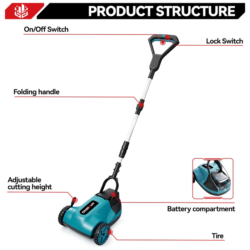 ONEVAN 21cm Brushless Walk-Behind Lawn Mower | 3-Height Adjustment | For Makita 18V Battery