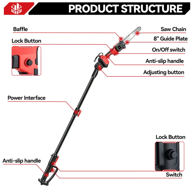 ONEVAN 8" Telescoping Pole(1.3-2.25m) Brushless Cordless Chainsaw