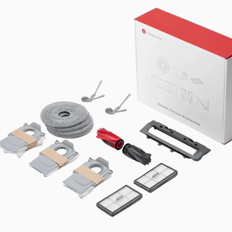 Roborock-Zubehörset für den Saros 10R, bestehend aus 4 drehbaren Wischpads, 3 Staubbeuteln, 1 Hauptbürstenabdeckung, 1 Hauptbürste, 2 Seitenbürsten und 2 Filtern