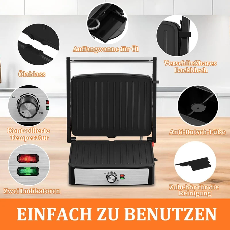 Kontaktgrill 2200W Tischgrill Elektrogrill Grill Panini Maker Sandwich Toaster