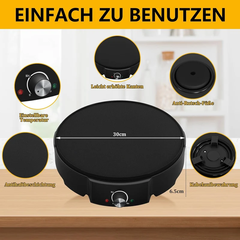 HOMELUX Crepes Maker Ø30 cm 1200W Antihaftbeschichtet + Verteiler