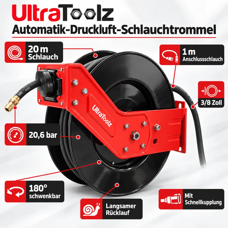 UltraToolz Automatik Druckluft Schlauchtrommel Metall l 20M mit Schnellkupplung