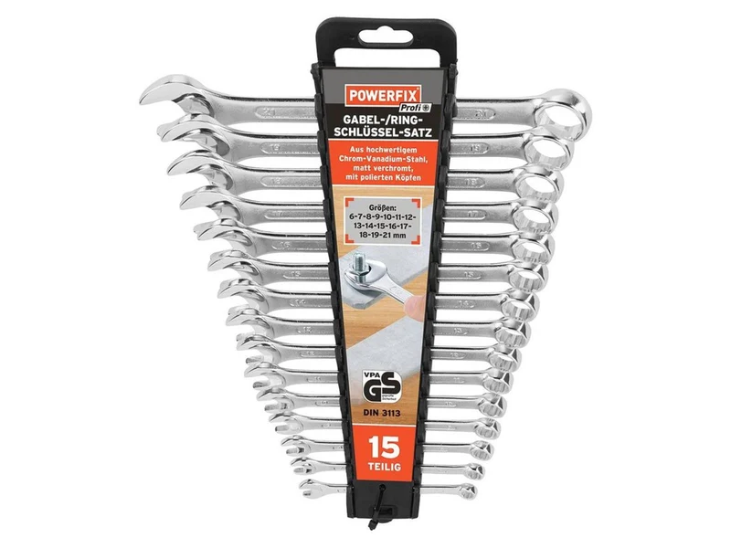 POWERFIX 15 tlg. Gabel Ringschlüssel Satz Set aus hochwertigem Chrom Vanadaium Stahl