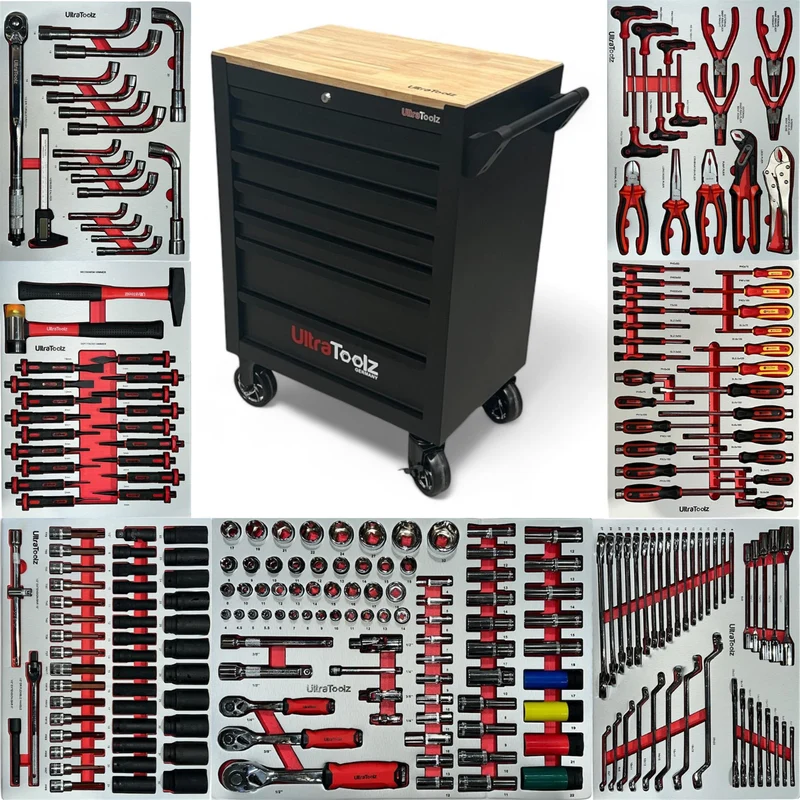 Werkstattwagen voll 7/7 Chrom Vanadium Werkzeugwagen +Holzplatte