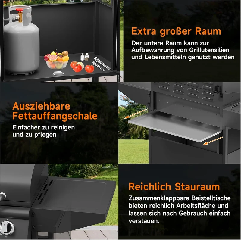 Gasgrill 15KW Brenner BBQ Grillwagen mit Seitenkocher mit Zubehör