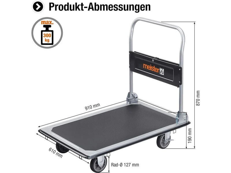 Meister Plattformwagen - Klappbar - Bis 300 kg Tragkraft - Feststellbremse / Transporthilfe mit Lenkrollen / Paketwagen mit Antirutsch-Beschichtung / Klappwagen aus Stahl / 8985540