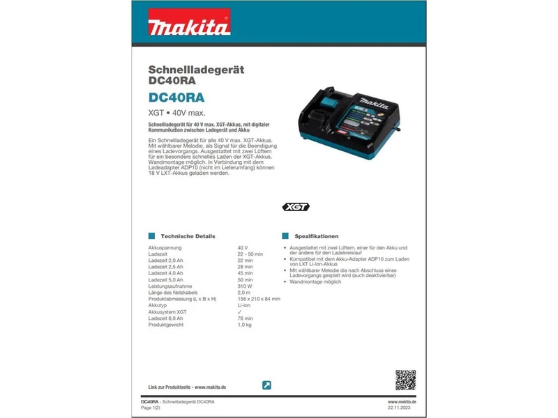 Schnellladegerät DC40RA für 40 V max. XGT-Akkus Schiebeakkus