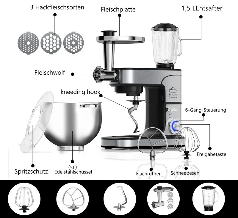 Homelux Küchenmaschine Teigmaschine Knetmaschine Multifunktional 2500W 12 L